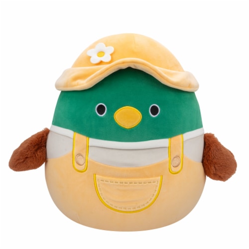 Squishmallows 10" Mallard Duck In Light Yellow Overalls and Hat Perspective: front