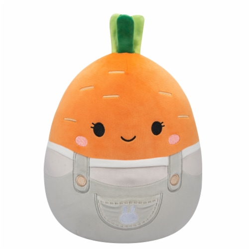 Squishmallows 10" Orange Carrot In Light Grey Overalls Perspective: front