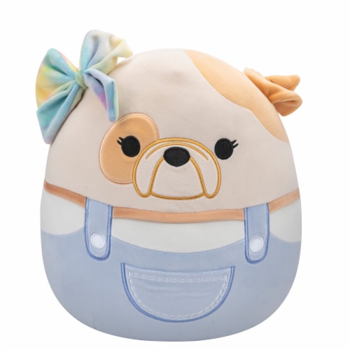 Squishmallows 10" Tan And White Bulldog in Purple Overalls With Rainbow Bow Perspective: front