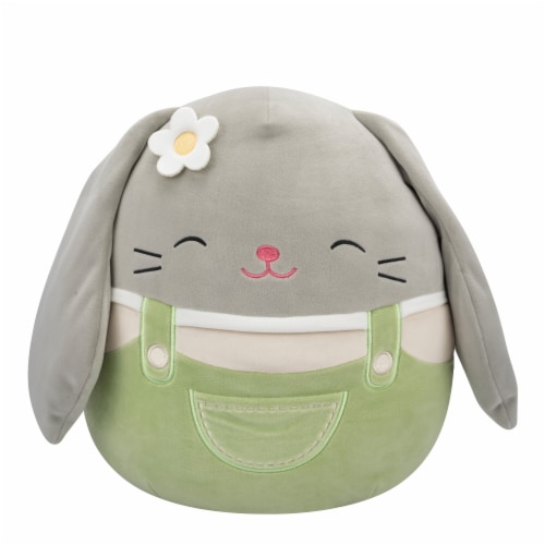 Squishmallows 10" Grey Bunny in Green Overalls with Closed Eyes and Flower Pin Perspective: front