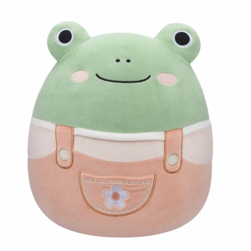 Squishmallows 10" Green Frog in Salmon Pink Overalls Perspective: front