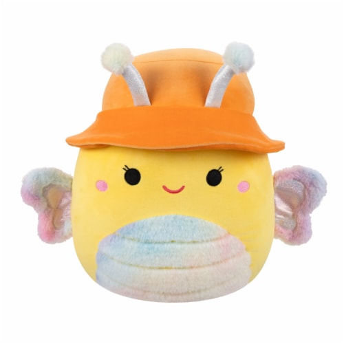 Squishmallows 16" Yellow Butterfly with Fuzzy Rainbow Belly and Bucket Hat Plush Toy Perspective: front