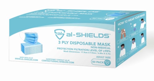al-SHIELDS 3 Ply Adult Unisex Disposable Face Masks Perspective: front