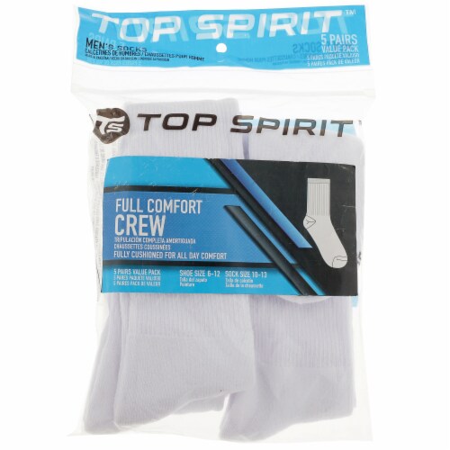 Top Spirit Men's Full Comfort Crew Socks - White - 5 Pack Perspective: front