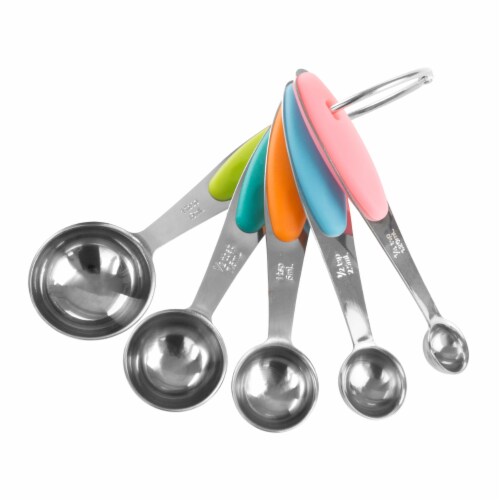 Stainless Steel Measuring Spoons on Ring Silicone Handles Set of 5 Tbsp Tsp and Metric Perspective: front
