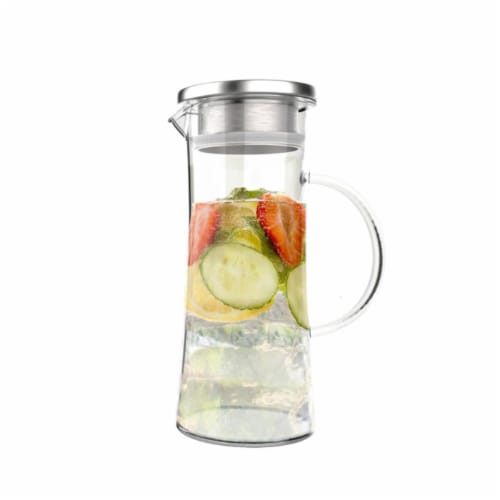 Classic Cuisine 82-KIT1072 50 oz Glass Pitcher Carafe with Stainless Steel Filter Lid Heat Re Perspective: front