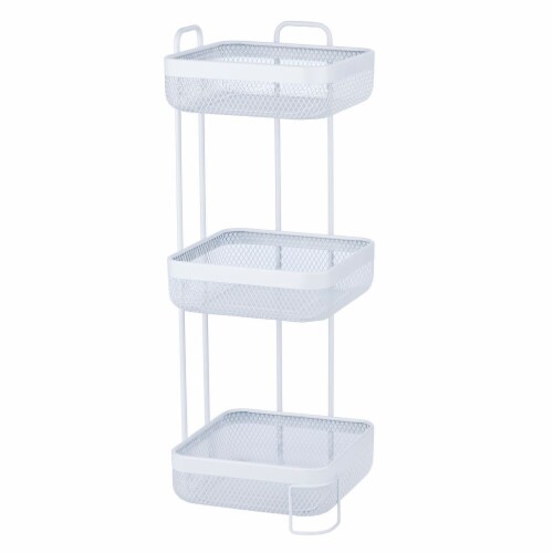 mDesign Vertical Standing Bathroom Shelving Unit Tower with 3 Baskets, White Perspective: front