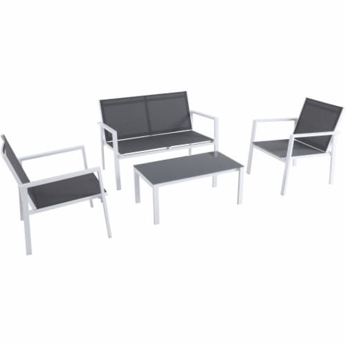 4PC Seating Set: Sling Loveseat, 2 Sling Side Chairs, Coffee Table - White/Gray Perspective: front