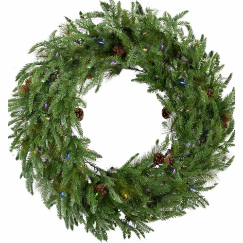Artificial Holiday Wreath with Multi Color Lights Perspective: front