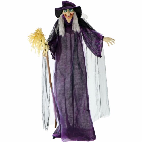 Haunted Hill Farm Talking Witch with Broom Prop Perspective: front