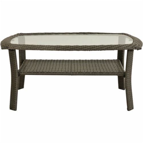 Hanover Newport Glass Top Woven Patio Coffee Table Perspective: front