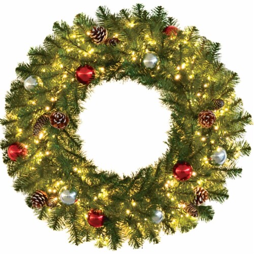 Fraser Hill Farm Christmas Wreath with Ornaments and Lights Perspective: front