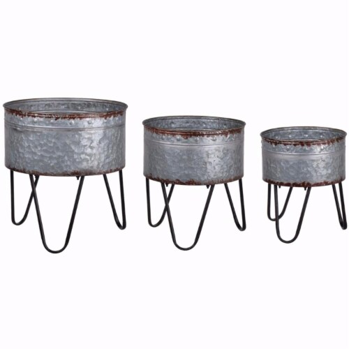 Benzara Round Galvanized Planters Perspective: front