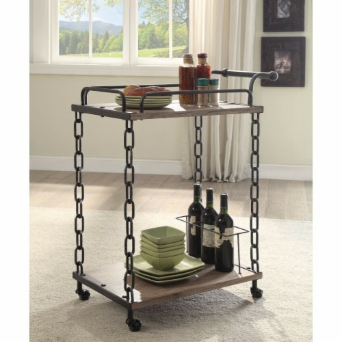 Benzara BM158849 Retro Serving Cart, Rustic Oak & Antique Black Perspective: front