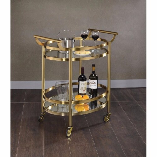 Benzara BM158855 Oval Metal Serving Cart, Clear Glass & Gold Perspective: front