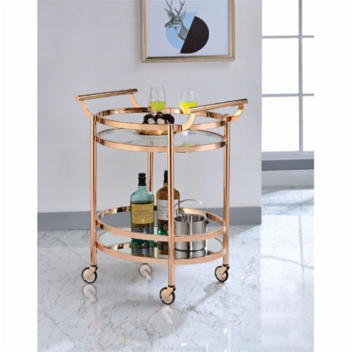 Benzara BM158857 Oval Metal Serving Cart, Clear Glass & Copper Perspective: front