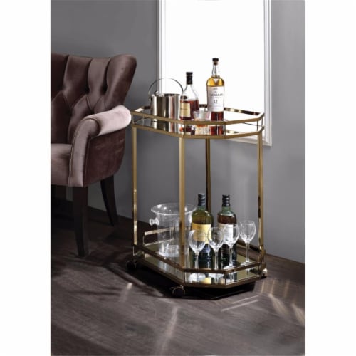 Benzara BM158858 Metal Serving Cart, Mirror & Gold Perspective: front