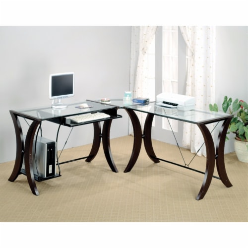 Sophisticated 3 Piece Desk Set With Glass Top Clear And Brown 1