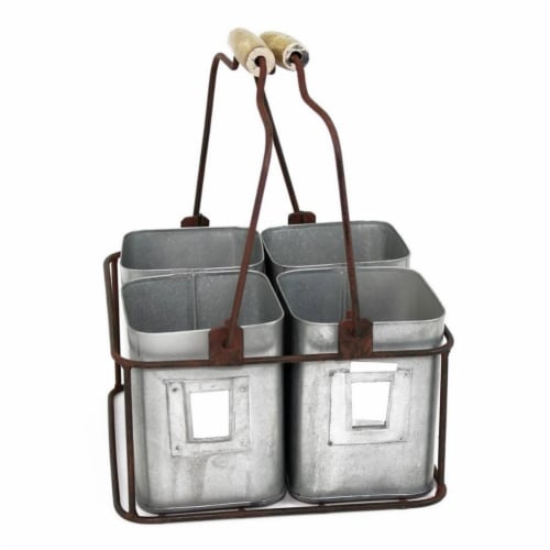 Benzara I457-AMC0008 5.5 x 9 x 9 in. Galvanized Metal Four Tin Organizer with Handles - Gray Perspective: front