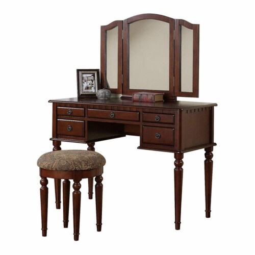Benjara 43 Modern Wood Vanity Set Featuring Stool and Mirror in
