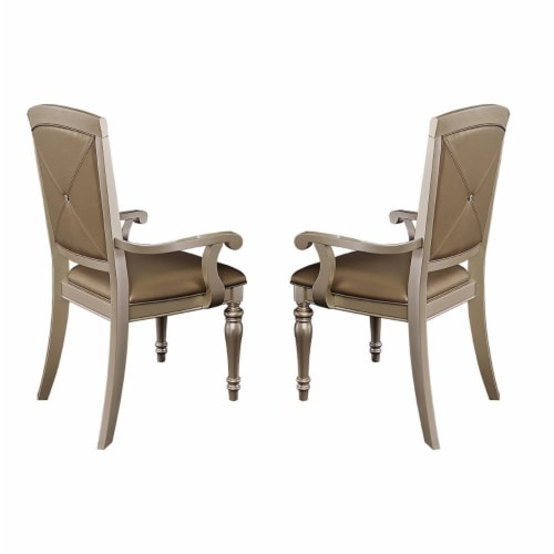 Wood & leather Dining Side Arm Chair With Crystal Tufting, Silver, Set Of 2 Perspective: front