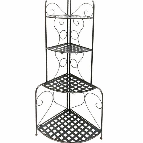Benzara C482-FS180591 Scrolled Accent Metal Foldable Corner Rack with Mesh Design Storage She Perspective: front