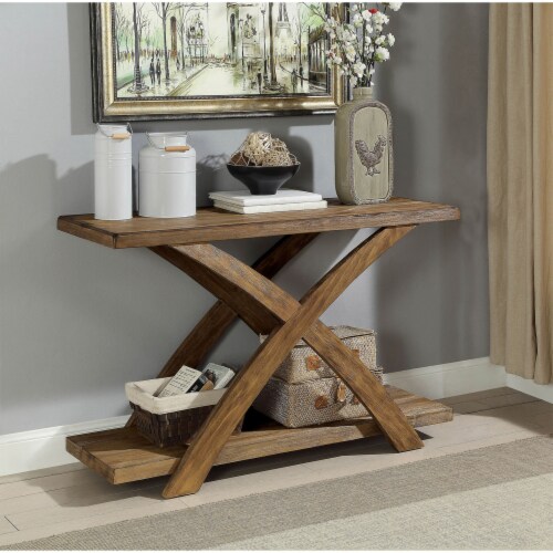Wooden Sofa Table With Open Bottom Shelf X Shaped Base Antique