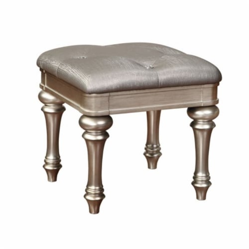 Wooden Vanity Stool with Turned Legs and Leatherette Upholstered Seat, Silver Perspective: front