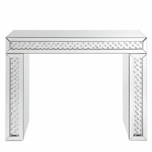 Mirror Accented Wood And Glass Vanity Desk With Faux Crystal Inlay, Silver Perspective: front