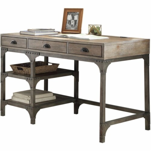 Benjara wood and metal cheap desk with 2 shelves brown