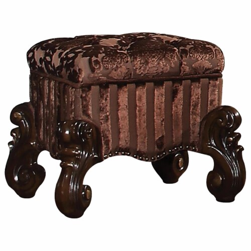 Tufted Fabric Upholstered Wooden Vanity Stool With Scrolled Legs, Cherry Oak Brown Perspective: front