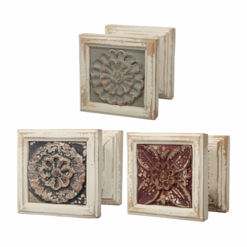 Decorative Wooden Table Stands With Distressed Details, Multicolor, Set of Three- Saltoro Perspective: front