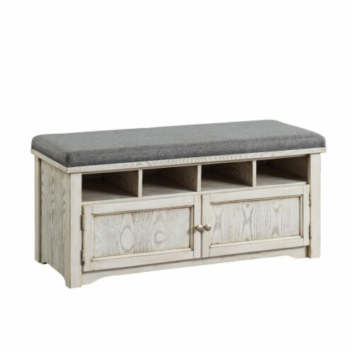 Spacious Wooden Shoe Bench with Linen Upholstered Cushioned Seat, White and Gray Perspective: front