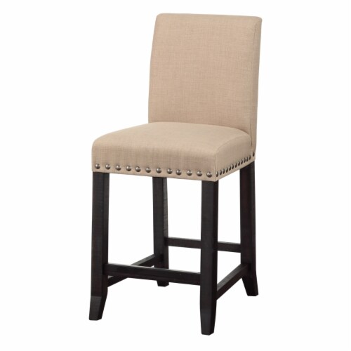 Fabric Upholstered Wooden Counter Height Stool with Nail head Trim, Brown Perspective: front
