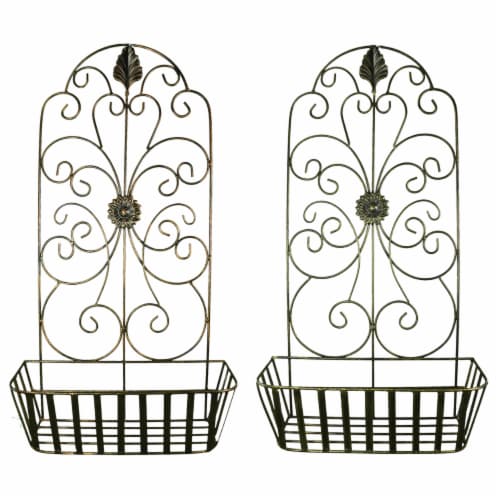 Benzara Metal Wall Decor with Intricate Design and Wired Basket Set - Gray Perspective: front