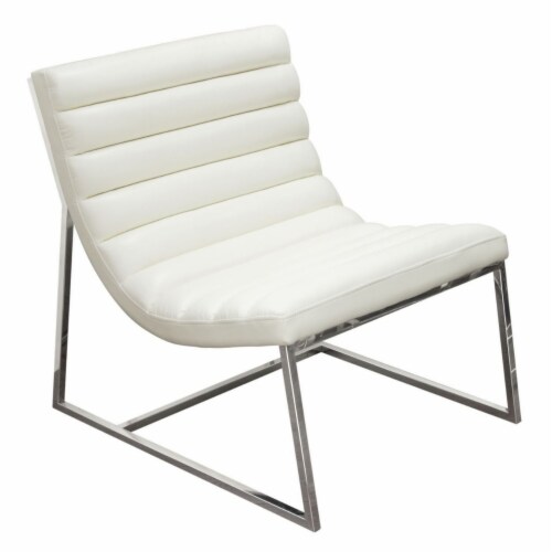 Leather Upholstered Lounge Chair with Channel Tufting Details  and Steel Frame, White  and Perspective: front