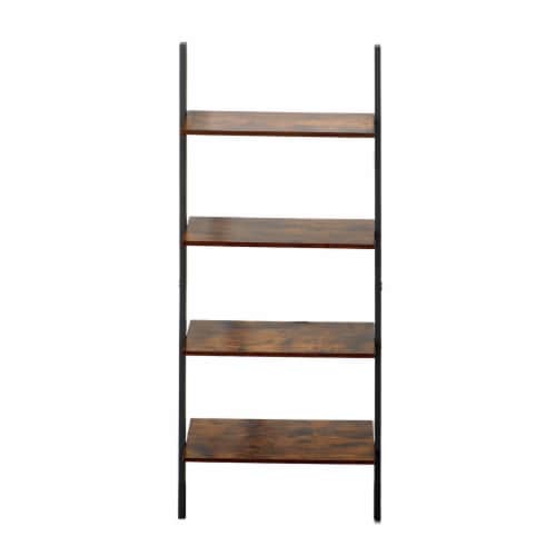Benzara Rustic Ladder Style Iron Bookcase with Four Wooden Shelves - Brown/Black Perspective: front