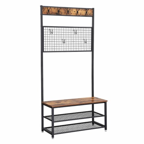 Benjara BM195874 Metal Coat Rack with Wooden Bench - Two Mesh Shelves & Grid Panel - Brown & Perspective: front