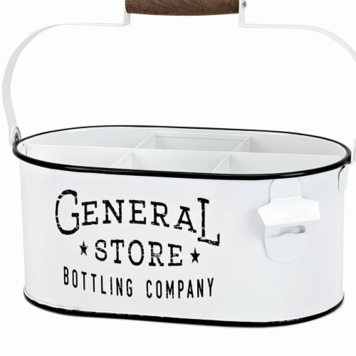 Benzara BM196100 Iron Bottle Caddy Container with Handle & Six Compartments, White & Black Perspective: front