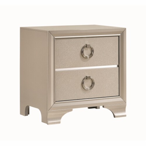 Two Drawers Wooden Nightstand with Oversized Ring Handles, Silver Perspective: front