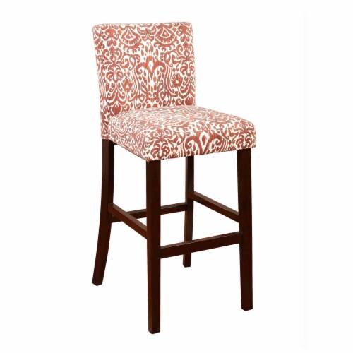 Wooden Bar Stool with Patterned Fabric Upholstery in Red and White, 1