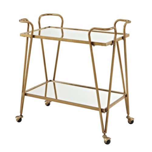 Benzara BM144195 2 Tier Mirror & Metal Bar Cart with Hairpin Legs, Gold & Clear - 31.75 x 30 Perspective: front