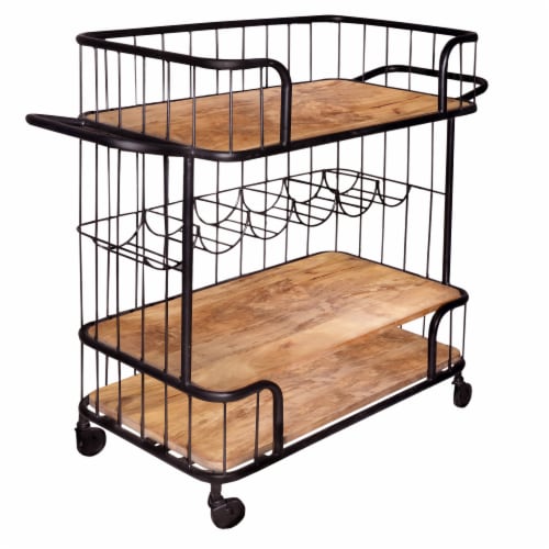 Metal Frame Bar Cart with Wooden Top and 2 Shelves, Black and Brown Perspective: front