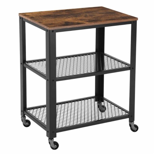 Saltoro Sherpi 3 Tier Wooden Serving Cart with 2 Mesh Design Shelves, Black and Brown Perspective: front