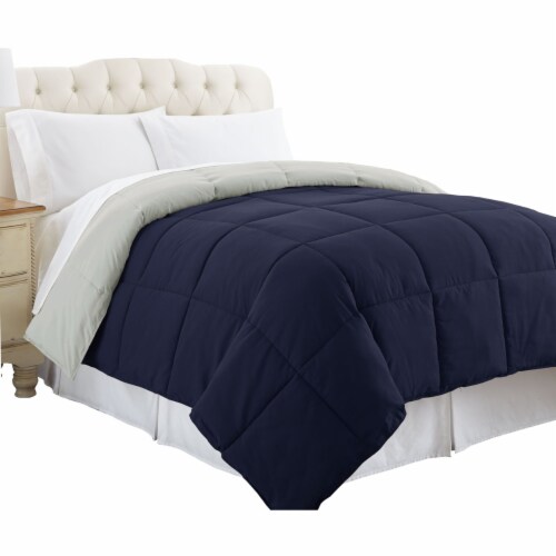 Genoa Box Quilted Twin Size Reversible Comforter The Urban Port, Silver and Blue Perspective: front