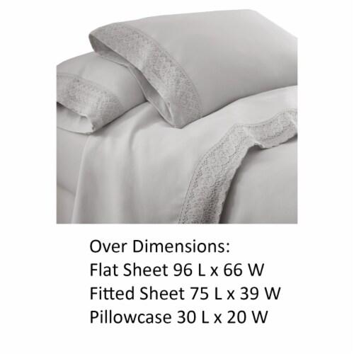 Udine 3 Piece Twin Size Microfiber Sheet Set with Crochet lace The Urban Port, Gray Perspective: front