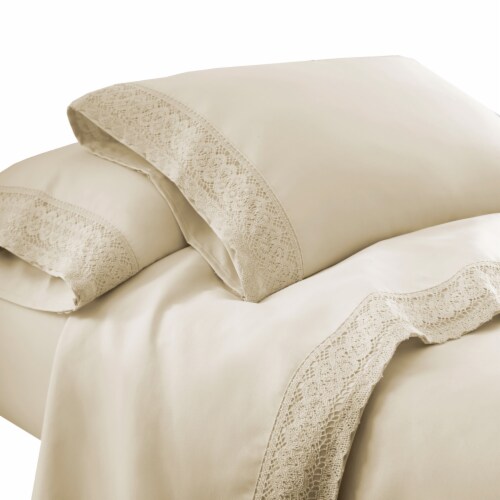 Udine 3 Piece Twin Size Microfiber Sheet Set with Crochet lace The Urban Port, Cream- Saltoro Perspective: front