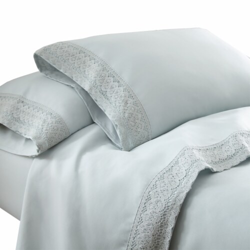 Udine 3 Piece Twin Size Crochet lace Microfiber Sheet Set The Urban Port, Light Blue Perspective: front