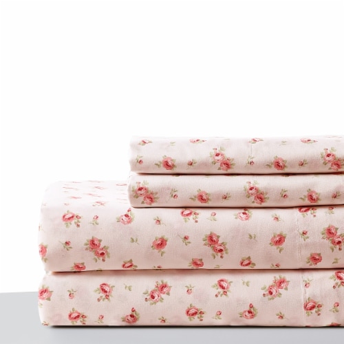 Melun 4 Piece Rose Pattern King Size Microfiber Sheet Set The Urban Port, Pink Perspective: front