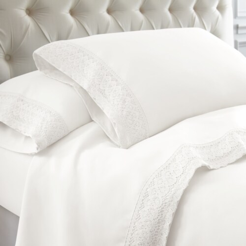 Udine 4 Piece Full Size Microfiber Sheet Set with Crochet Lace The Urban Port, White- Saltoro Perspective: front